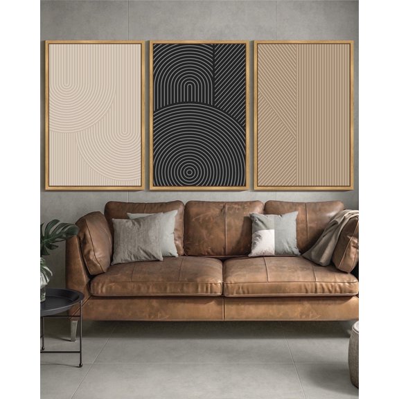 SHENIFY large 24x36in3pcs Natural Framed Mid-Century Modern Wall Art Minimalist Abstract Boho Neutral Line Wall Decor Geometric Artwork Kitchen Dining Room