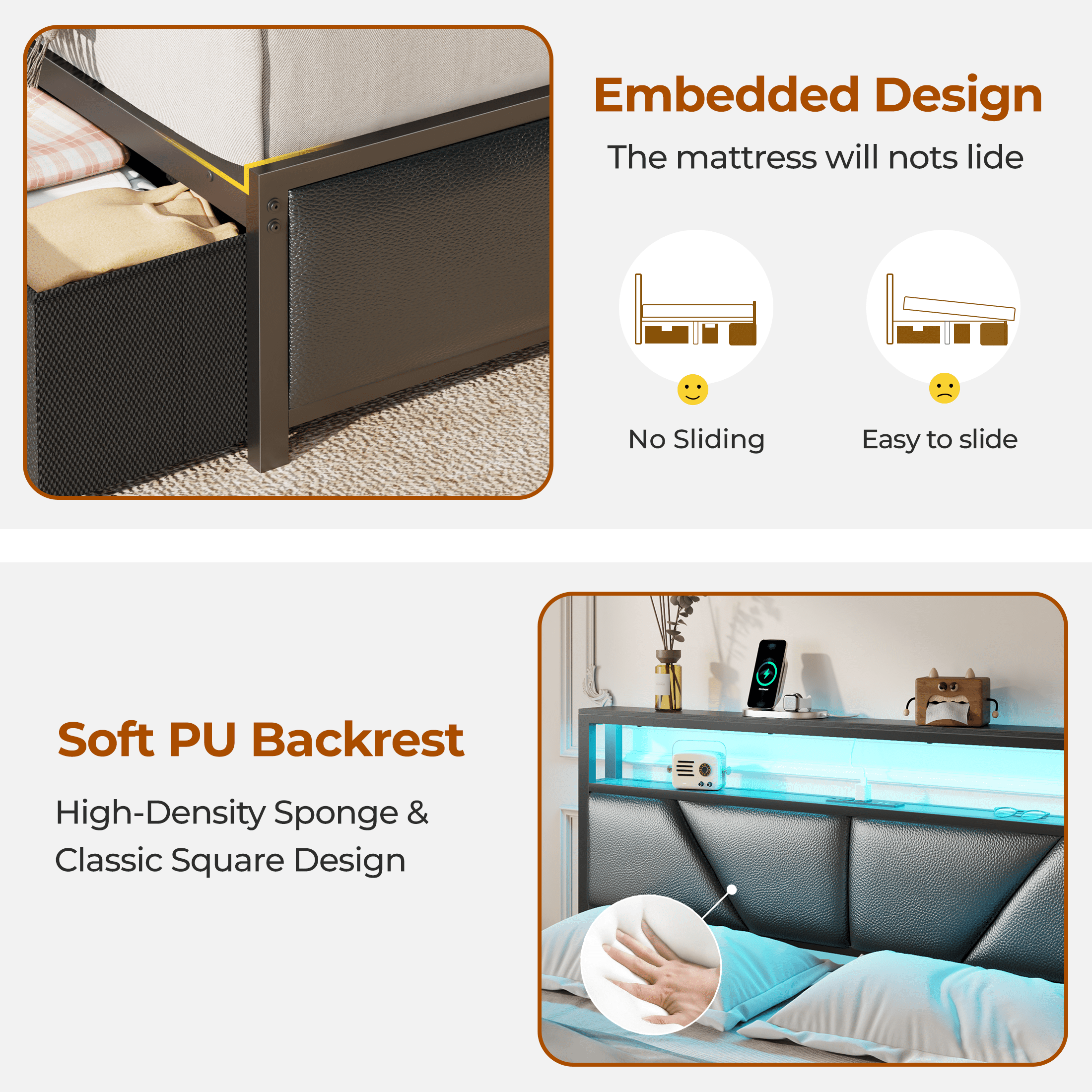 Satifur Full Bed Frame with 6 Storage Drawers, Metal Platform Bed Frame with 2-Tier Upholstered Storage Headboard & LED, Built in Charging Station, Noise-Free, No Box Spring Needed, Black