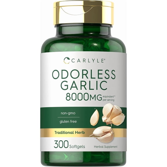 Odorless Garlic 8000 mg | 300 Softgels | High Potency Formula | Non-GMO and Soy Free | by Carlyle