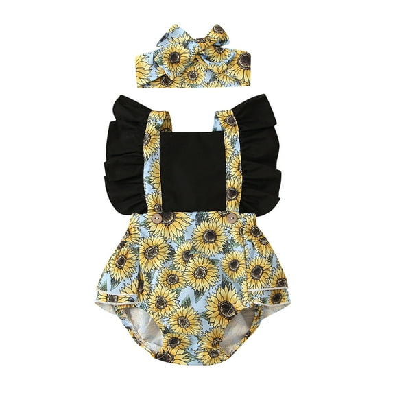 MANHUJI Baby Girl Gifts Infant Baby Girls Ruffle Floral Print Backless Romper Bodysuit Headbands Outfits 0-3 Months Baby Boy Clothes 12 Month Girl Clothes Baby Clothes Girl (Black,90)