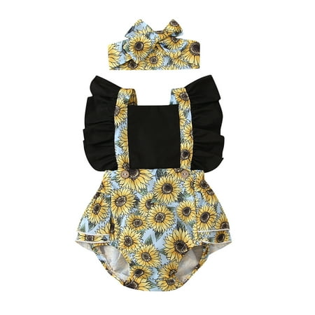 

Fsqjgq Baby Girl Winter Clothes Packs Floral Girls Bodysuit+Headbands Print Outfits Backless Baby Romper Ruffle Girls Outfits&Set New Born Girls Cotton Blend Black 80