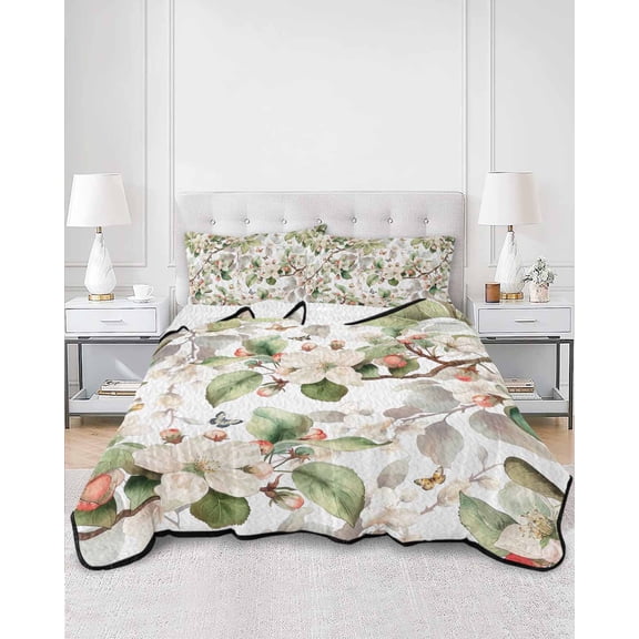 Quilts King Size, Spring Floral Soft Comforter Bedding Set for Bed, Green Botanical Flowers Watercolor Lightweight Quilted Bedspread with Pillow Cover(2 Pieces) for All Season, 96x106 Inch
