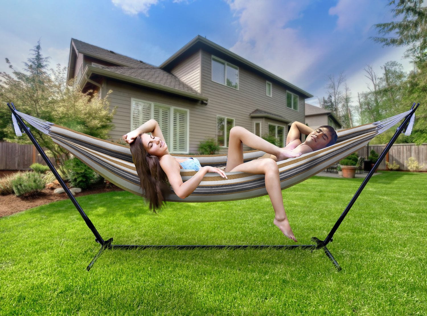 Sorbus Two Person Adjustable Hammock Bed with Steel Stand, Desert-Brown Blue