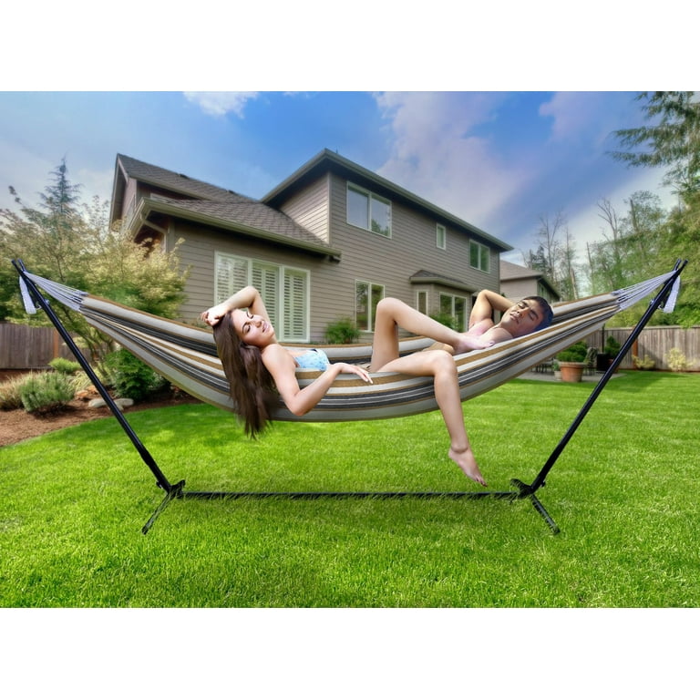 Sorbus Two Person Adjustable Hammock Bed with Steel Stand Desert Brown Blue