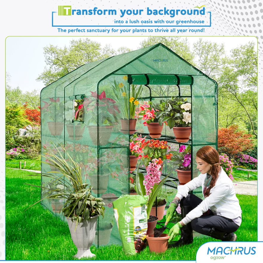 Machrus Ogrow Deluxe Walk-In Greenhouse for Outdoors with 2 Tiers & 8 Shelves – Durable Indoor Greenhouse with Green Cover for Mini Greenhouses and Garden Use