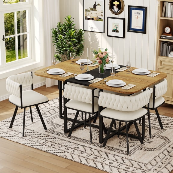 Dining Table Set for 6, 7-Piece Rectangular Melamine Wood and Black Table with 6 Beige Velvet Tufted Upholstered Chairs, Modern Kitchen Nook Set for Dining Room and Small Apartment