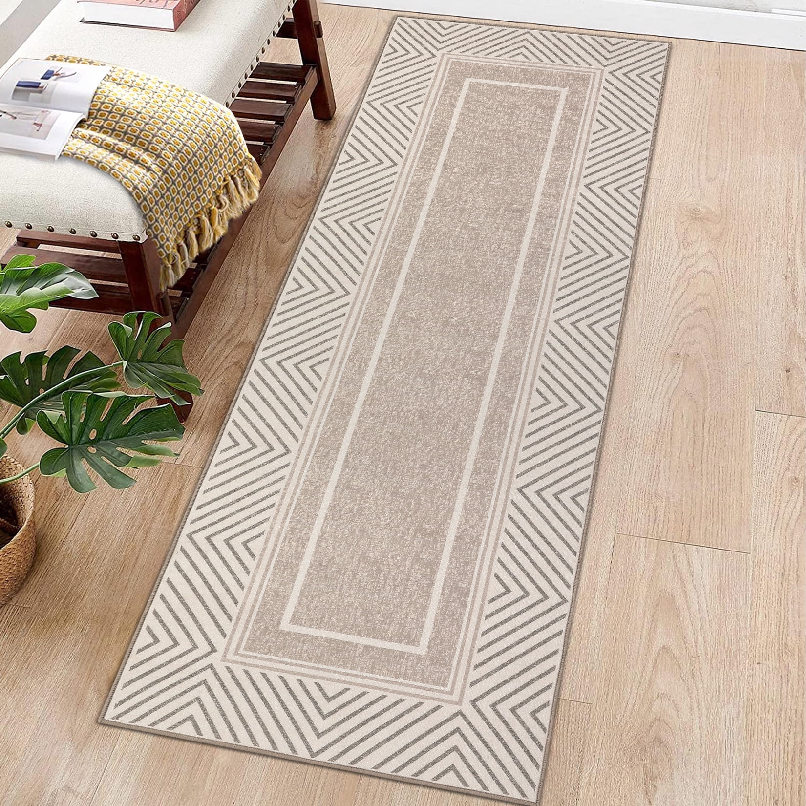 Hasoo 2' x 6' Runner Rug Modern Geometric Bordered Carpet for Hallway Kitchen, Light Brown