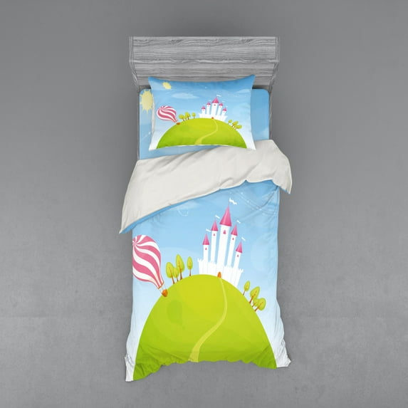 Ambesonne Cartoon Bedding Set 3 Pcs, Hills Hot Air Balloon, Twin XL, Multicolor