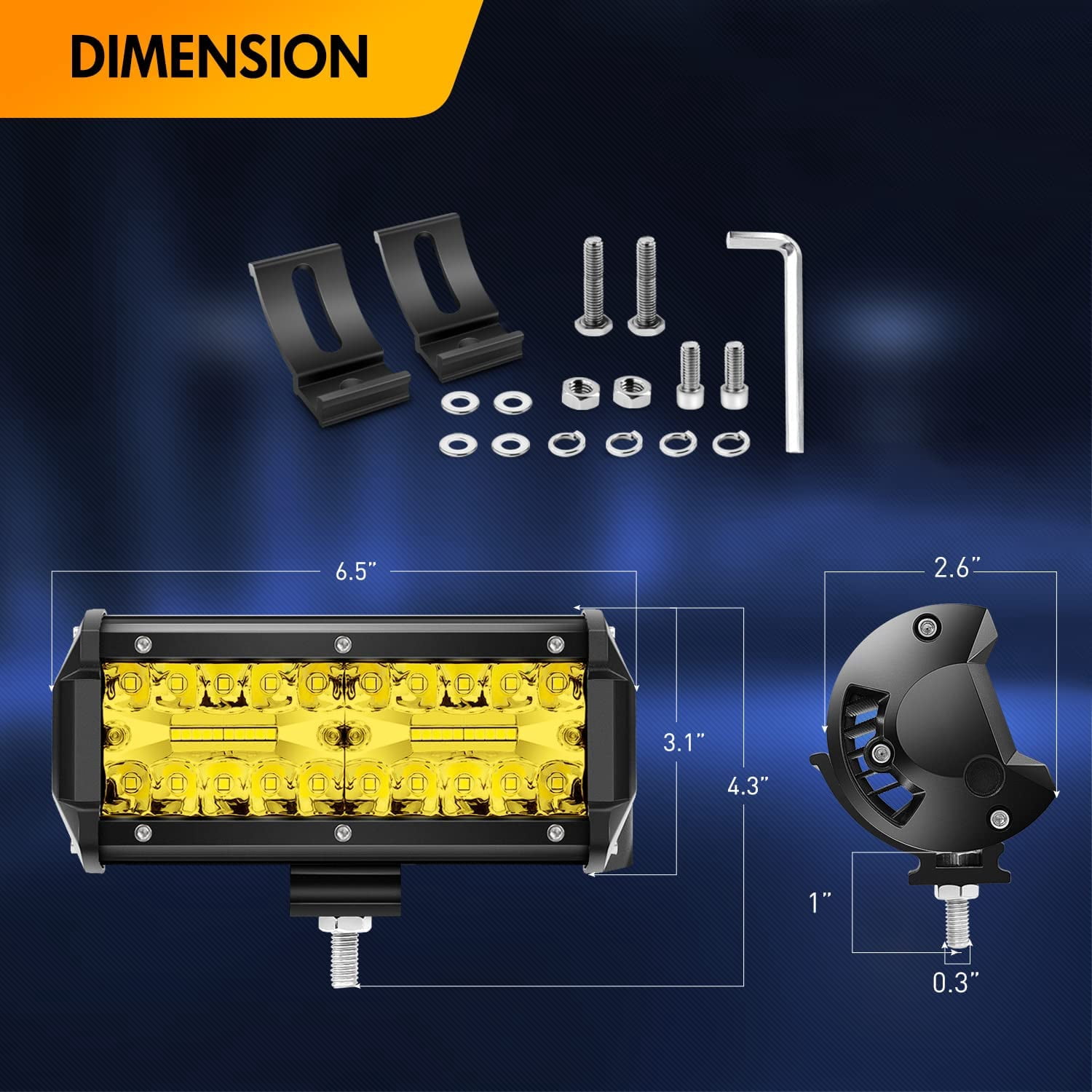 Waywe 2PCS 6.5 Inch Amber LED Pods 120W Triple Row Flood Light Bar Fog Light Driving Lighting with 16AWG Off Road Wiring Harness-2 Leads for Truck Golf Cart SUV ATV UTV Boat, Clear,Yellow (Auto-652)