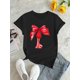 thumbnail image 2 of Camisetas de verano para mujer, manga corta, cuello redondo, casual, lindo, con gráficos, camisetas básicasWomen's Casual Crew Neck T-Shirt with Abstract Red Bow Print - Polyester & Spandex Blend, K, 2 of 6