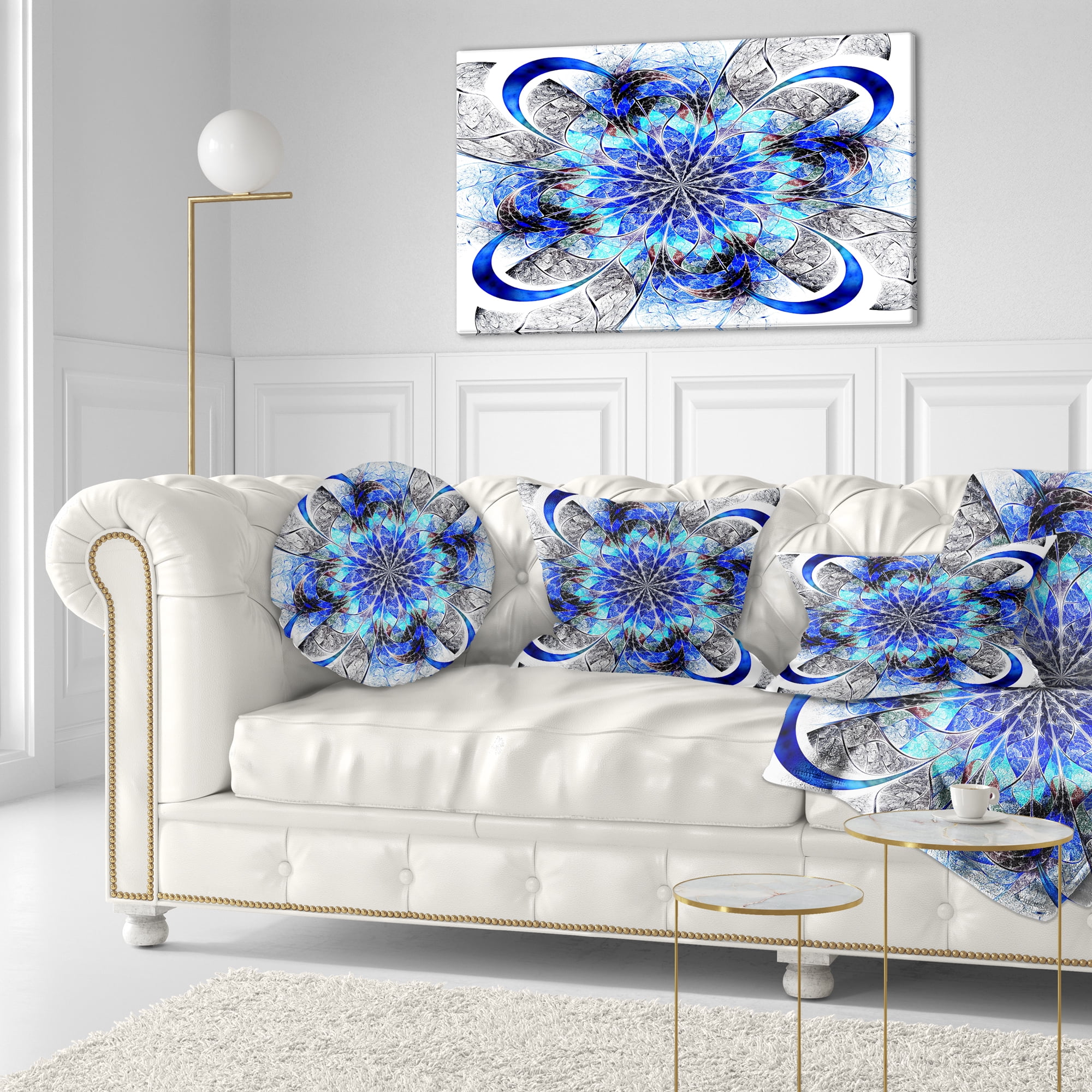 Designart Symmetrical Blue Fractal Flower - Abstract Throw Pillow - 12x20