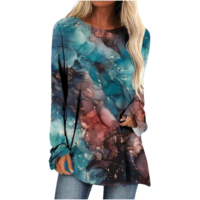 Besolor Hauts à Manches Longues pour Femmes Chemises Décontractées Habillées Col Rond Manches Longues Tuniques Amples et Fluides pour Leggings Multicolore 25