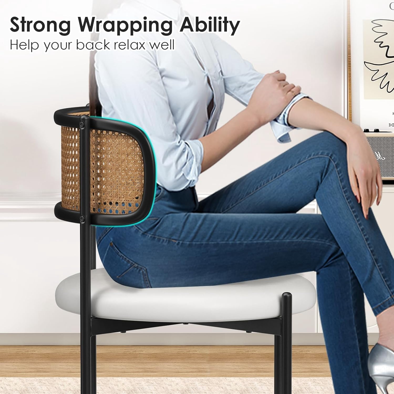 Farini Dining Chairs Set of 4, Upholstered PU Leather & Woven Rattan Side Chairs with Metal Legs for Kitchen, Dining Room, or Cafe, Beige