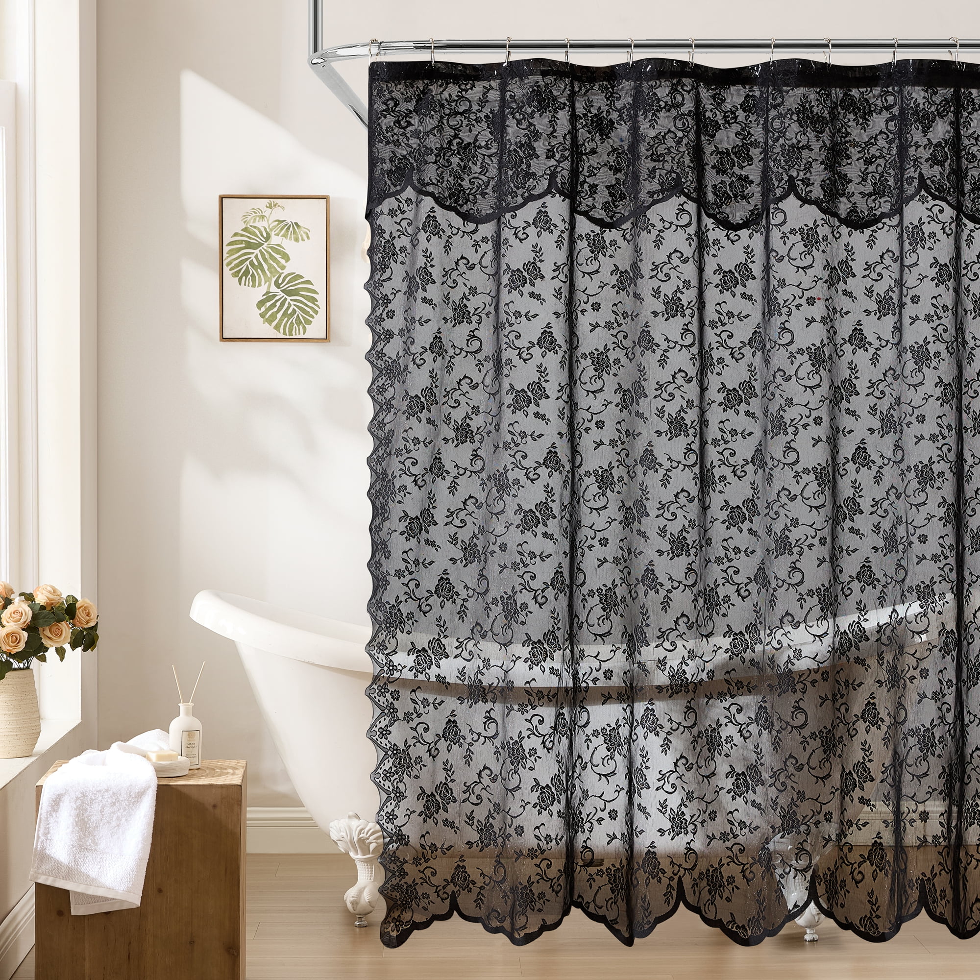 THD Harpy Lace Bathroom Shower Curtain with Floral Vine Design and Attached Valance – Elegant Victorian Classic Style (Black, 72 x 84 Inch)
