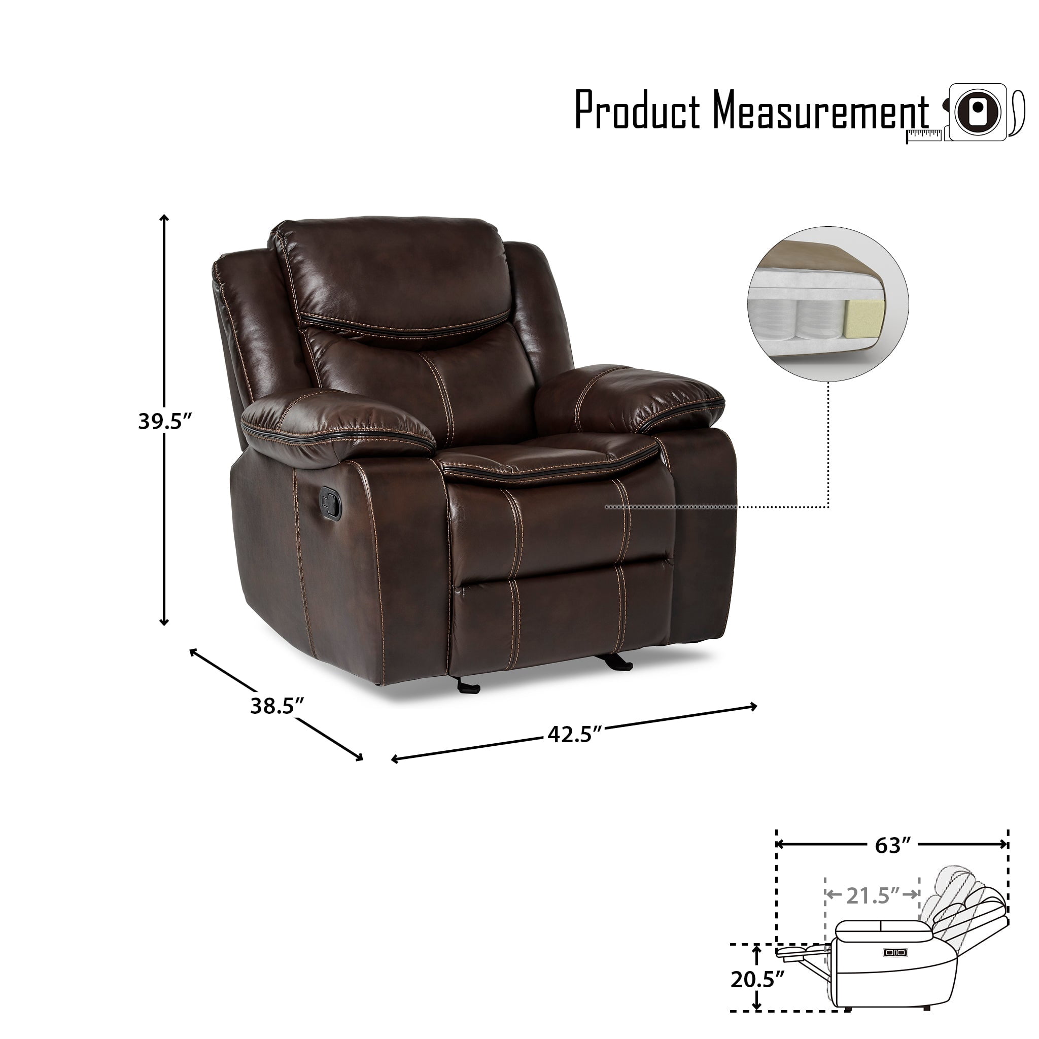 OakvillePark Prenzo Faux Leather Upholstered Glider Reclining Chair, Brown