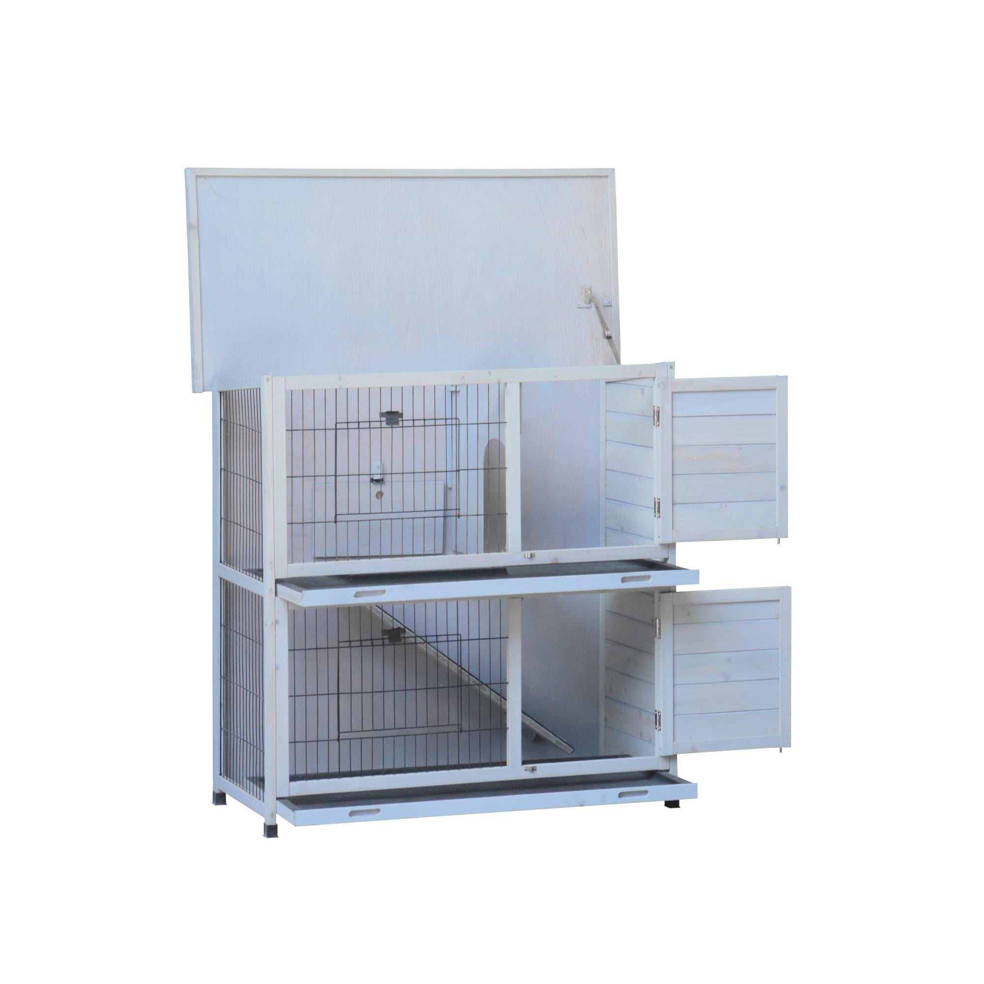 Pefilos 41" Rabbit Hutch Indoor with Tray, Bunny Hutch Outdoor 2 Story Wooden Rabbit House Guinea Pig Cages with Ramp, Gray