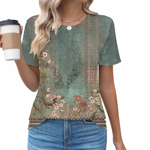 Fiudx Ofertas Flash Artículos En Oferta Top de Primavera/Verano de Manga Corta Informal de Moda con Cuello Redondo para Mujer