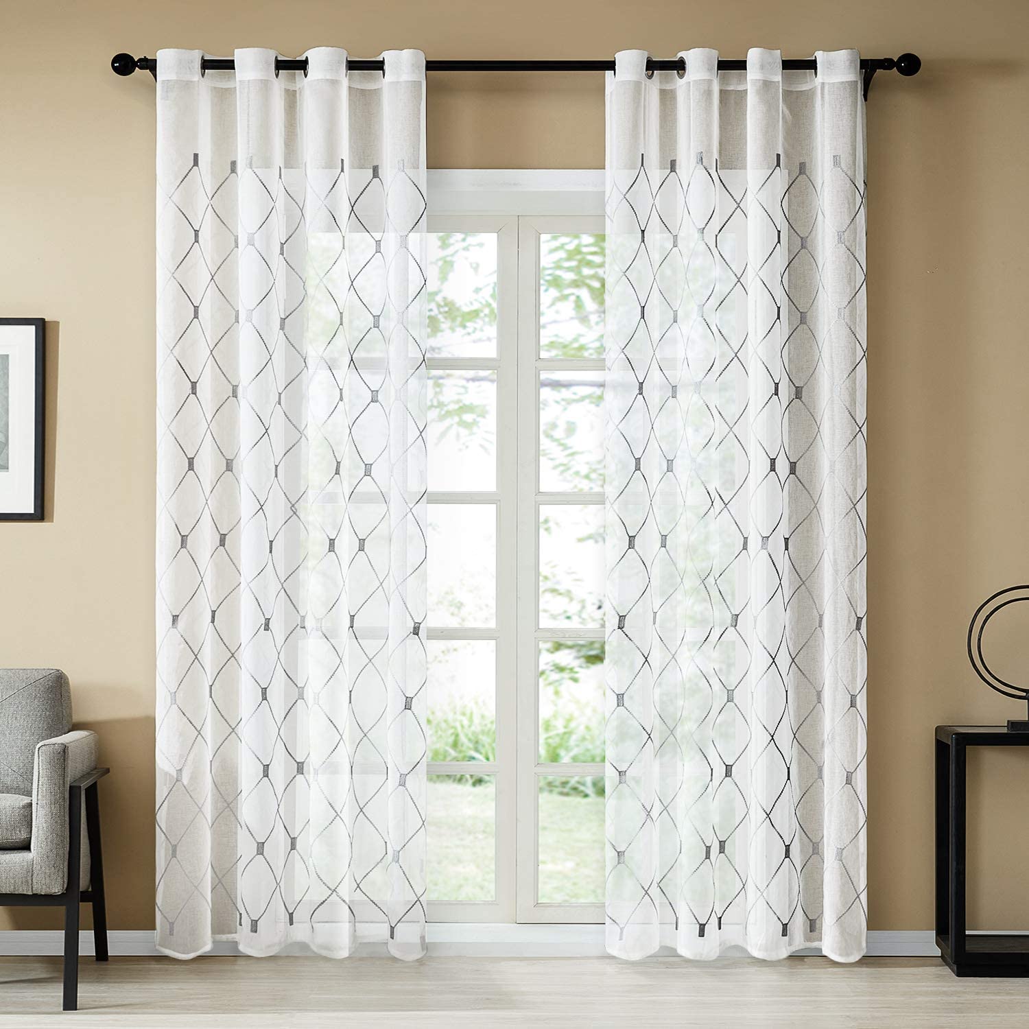 Topfinel White Sheer Curtains 96 Inches Long Gray Embroidered Diamond Topfinel White Sheer Curtains 96 Inches Long Gray Embroidered Diamond