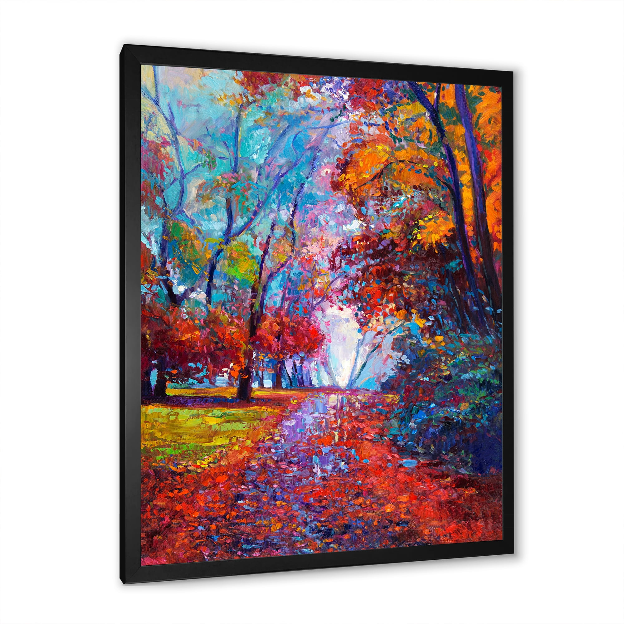 Designart 'Red Autumn Landscape With Little Road' Traditional Framed Art Print