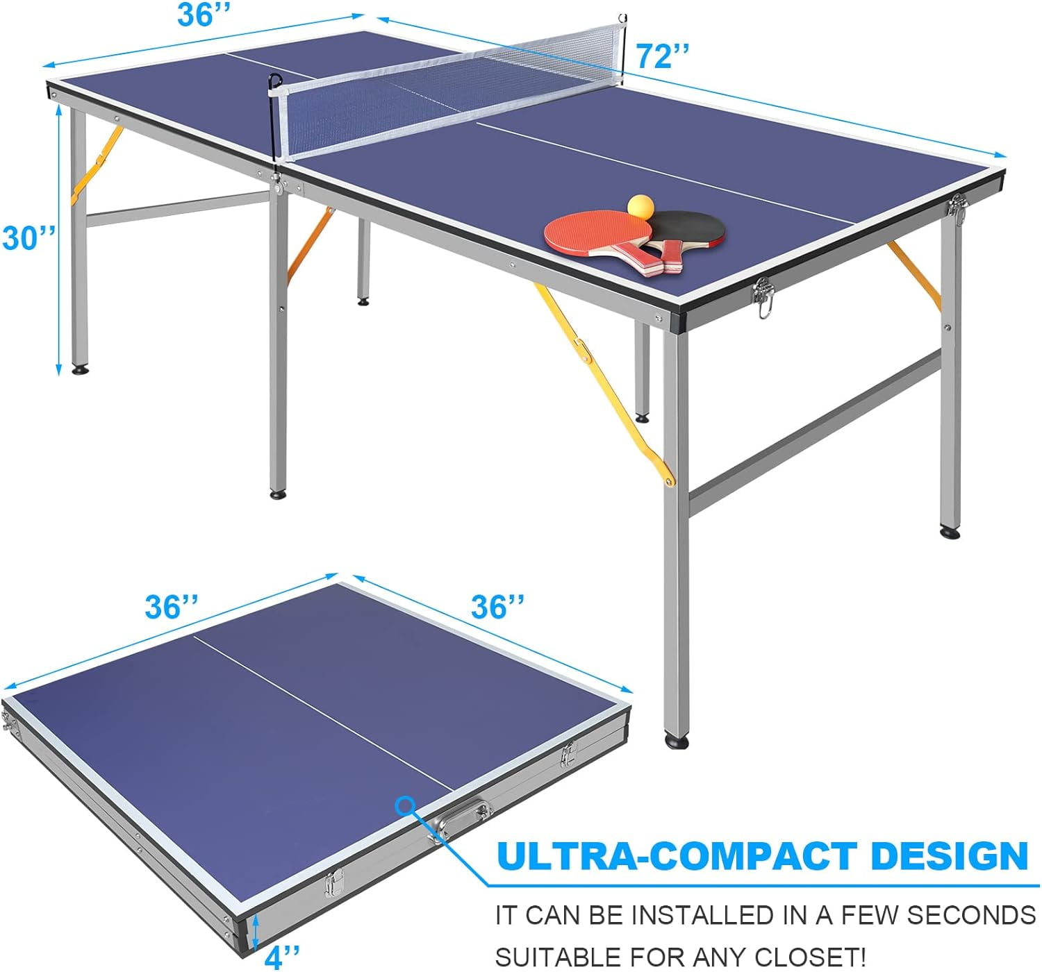 6X3ft Mid-Size Table Tennis Tables - Indoor/Outdoor Portable Ping Pong Table Game with Net for Adults/Teens,2 Table Tennis Paddles and 3 Balls