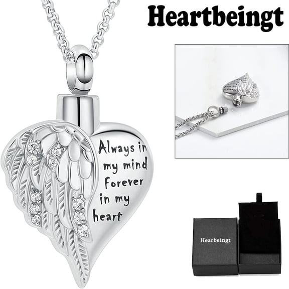 Cremation Jewelry Angel Wing Heart Urn Necklace for Ashes for Women Heart Memorial Human / Pet Ashes Pendant