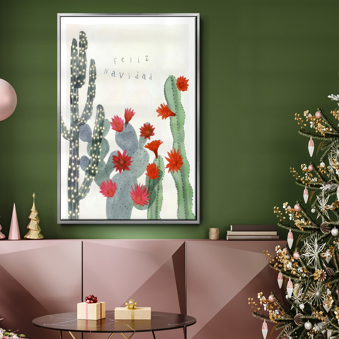 Desert Christmas Cactus II - Framed Gallery Wrapped Holiday Canvas - 27 x 41 - Silver Frame