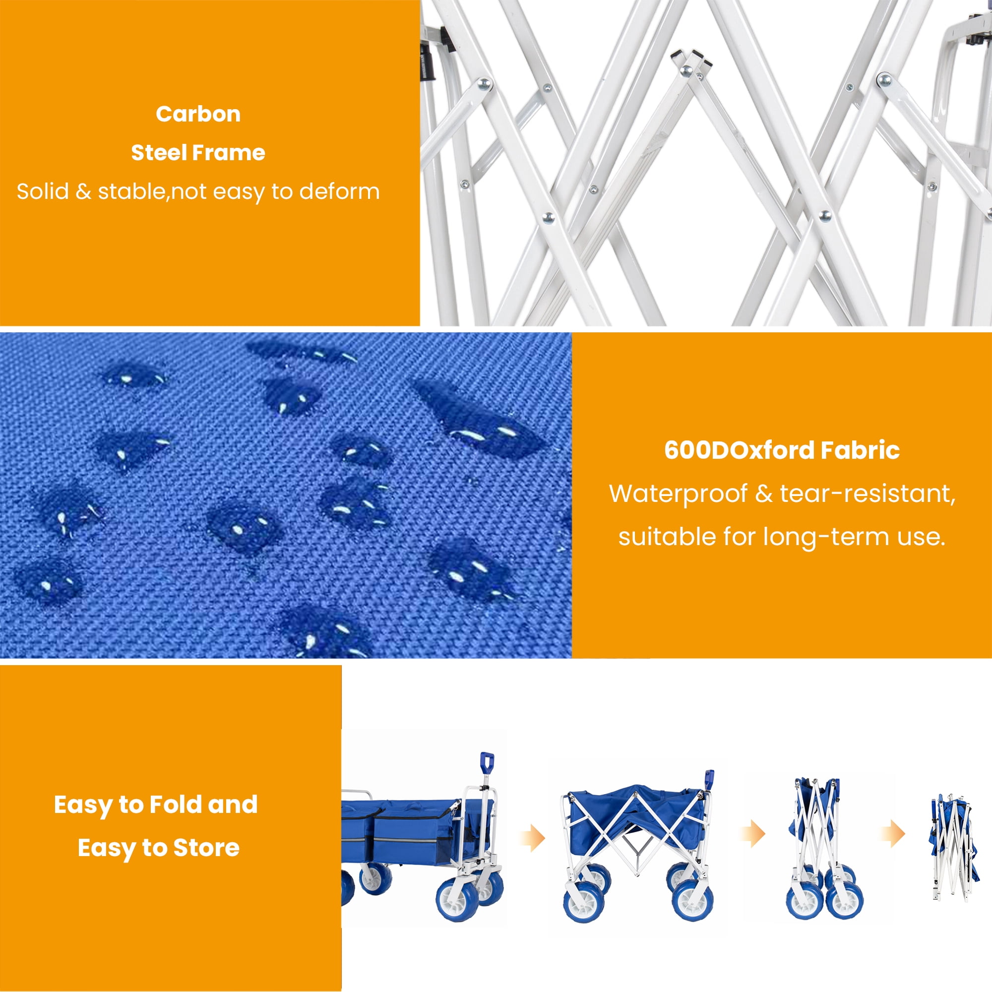 Beach Wagon Cart 500lbs Heavy Duty Collapsible Folding Wagon Oversized 150L 9 Inch PVC All-Terrain Wheels Adjustable Handle Cooler Storage Bags Beach Camping Garden Outdoor Sports Blue
