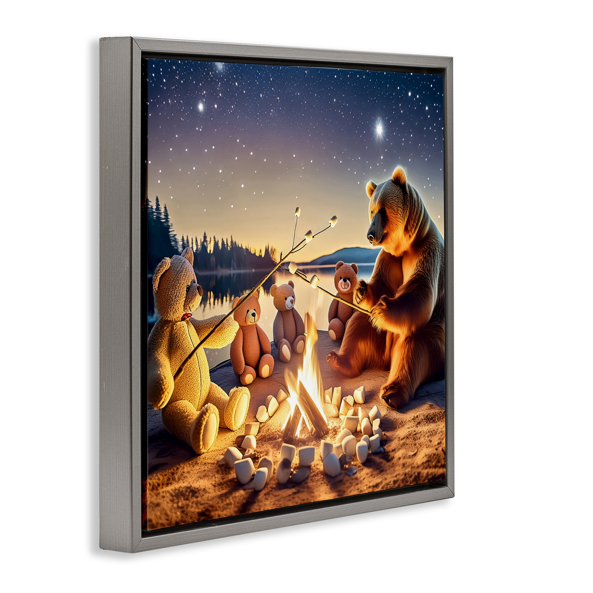 Stupell Industries Fireside Friends Bear Animals Painting Gray Floater Framed Canvas Art Print Wall Art, 18 x 18