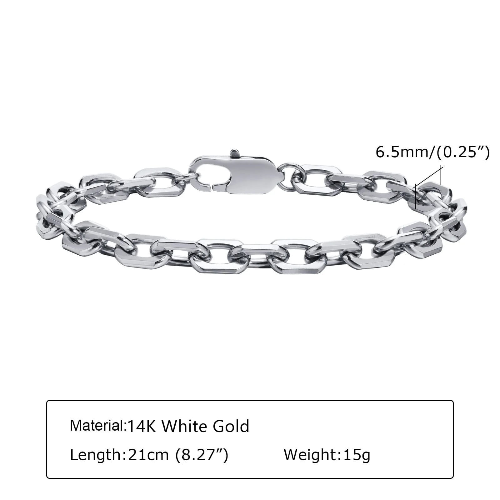 Basic 6.5MM Belcher Chain Bracelets for Men,Waterproof 14K White Gold Square Geometric Links Wristband Gift,pulseira