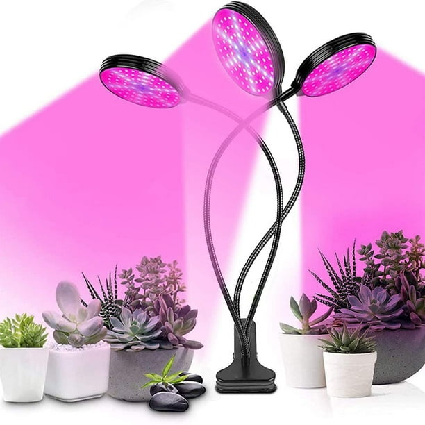 Lámpara de crecimiento de plantas, lámpara de jardinería de espectro completo de 30 W y 360°, con 3 modos de brillo y temporizador, muy adecuada para uso en interiores y jardines (tres cabezales)
