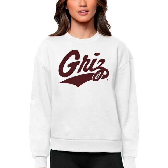 Women's Antigua White Montana Grizzlies Victory Crewneck Pullover Sweatshirt