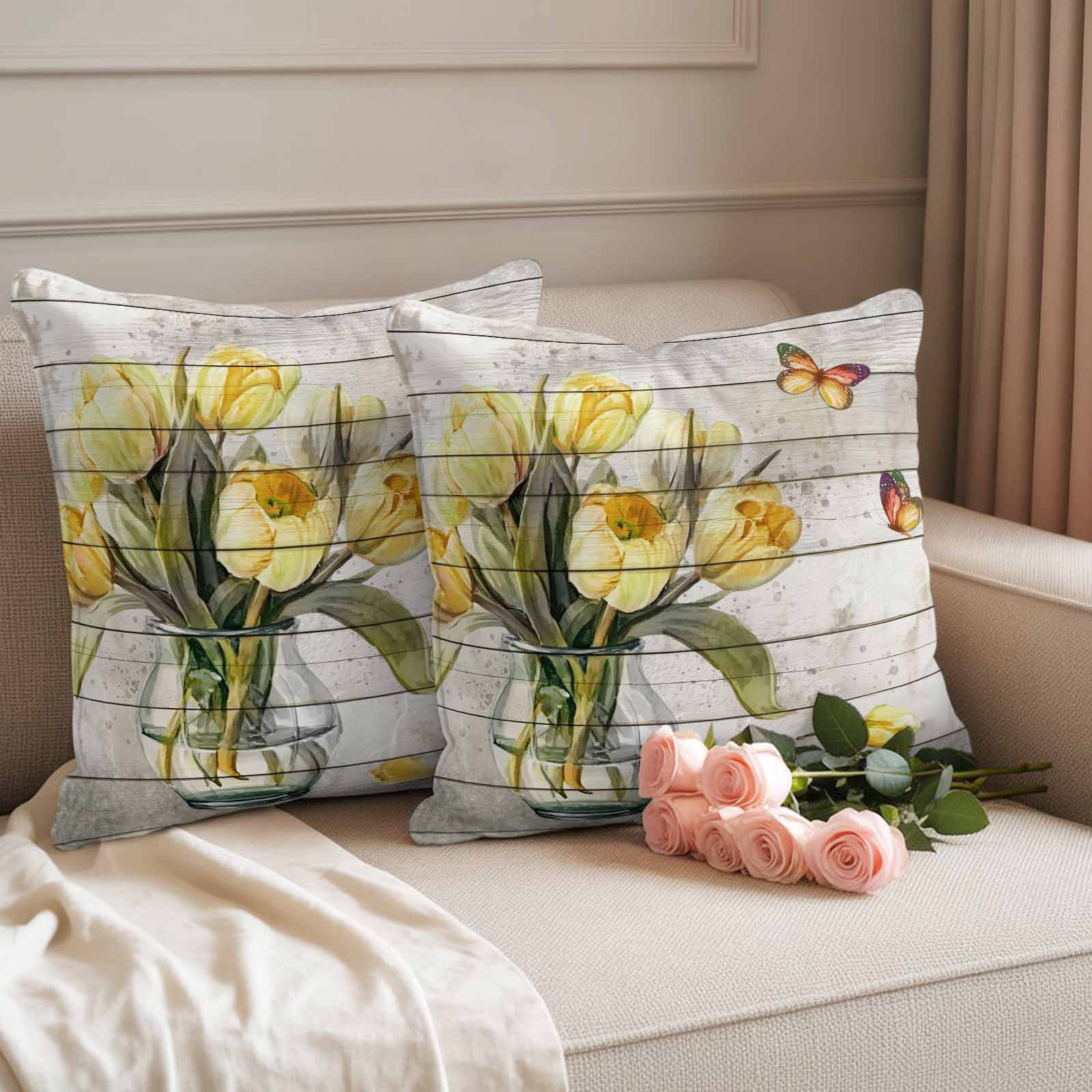 Yellow Tulip Outdoor Waterproof Pillow Covers, Vintage Spring Floral Retro Art Butterfly Wooden Decorative Square Throw Pillowcase Sofa Cushion Sham for Patio/Couch/Chair, 16"x16" 2 Pack