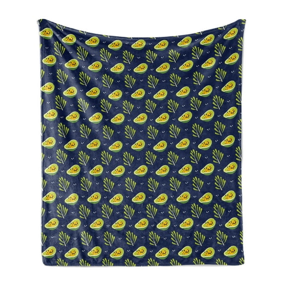 Exotic Soft Flannel Fleece Throw Blanket, Tropical Pattern of Exotic Papayas and Branches on a Dark Background, Cozy Plush for Indoor and Outdoor Use, 50" x 60", Indigo and Pale Green, by Ambesonne