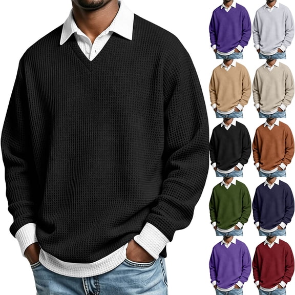 Polo Shirts for Men Long Sleeve Waffle Textured Solid Color Collared Golf Shirts Loose Pullover Tops