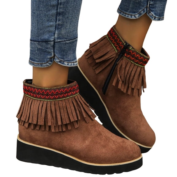 Women's Platform Wedge Suede Ankle Boots Winter Warm Comfortable Non Slip Fringe Short Dress Booties