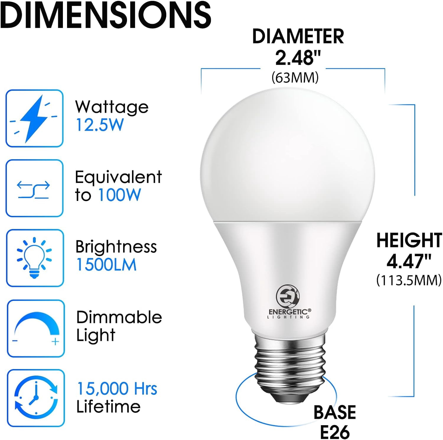 ENERGETIC A19 LED Light Bulb, 12.5 Watts (100W Equivalent),1500 Lumens, Daylight 5000K, E26 Base, Dimmable,15000 Hrs,UL Listed,12 Pack
