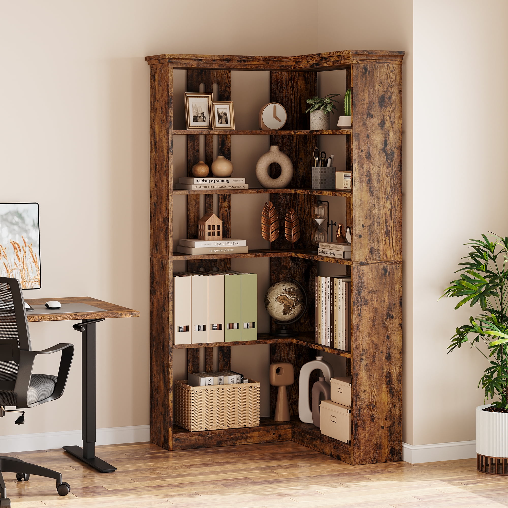 AOILE 72.8" Farmhouse Corner Bookshelf, 5-Tier L-Shaped Bookcase with Storage - Tall Display Shelf for Living Room, Office, Bedroom