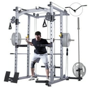 ELEVTAB Multi-Function Power Rack Cage, 1400 lbs Weight Cage with Cable Crossover Machine, J-Hooks, Landmine, T-Bar, Dip Bars, Barbell Holder, Gym Equipment