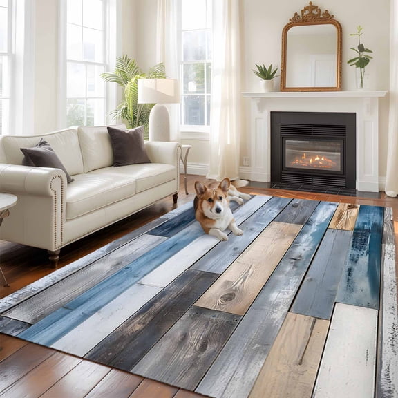 6'x9' Area Rugs, Blue Wooden Grain Indoor Outdoor Area Rug for Living Room Bedroom, Farmhouse Country Abstract Art Washable Bathroom Rugs Kitchen Floor Carpet Mats Home Decor Aesthetic