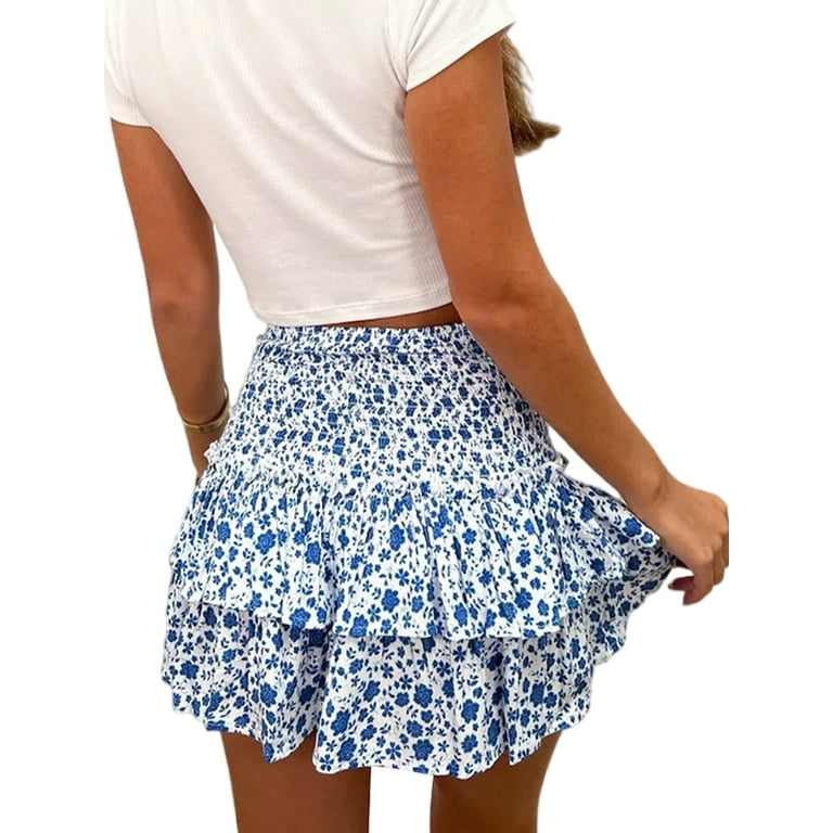 Frontwalk Ladies Mini Skirt Floral Print Short Skirts Ruffle