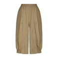 thumbnail image 4 of XPMWRP Womens Cotton Wide Leg Capri Pants Loose Elastic Waist Pants Comfy Lounge Palazzo Capris Cropped Beach Trousers with Pockets Khaki L, 4 of 7