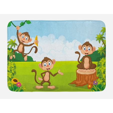 Bath Functional 3 Light - Nursery Bath Mat, Three Monkeys Playing in a Tropical Forest Banana Africa Safari Nature, Non-Slip Plush Mat Bathroom Kitchen Laundry Room Decor, 29.5 X 17.5 Inches, Pale Blue Brown Green, Ambesonne