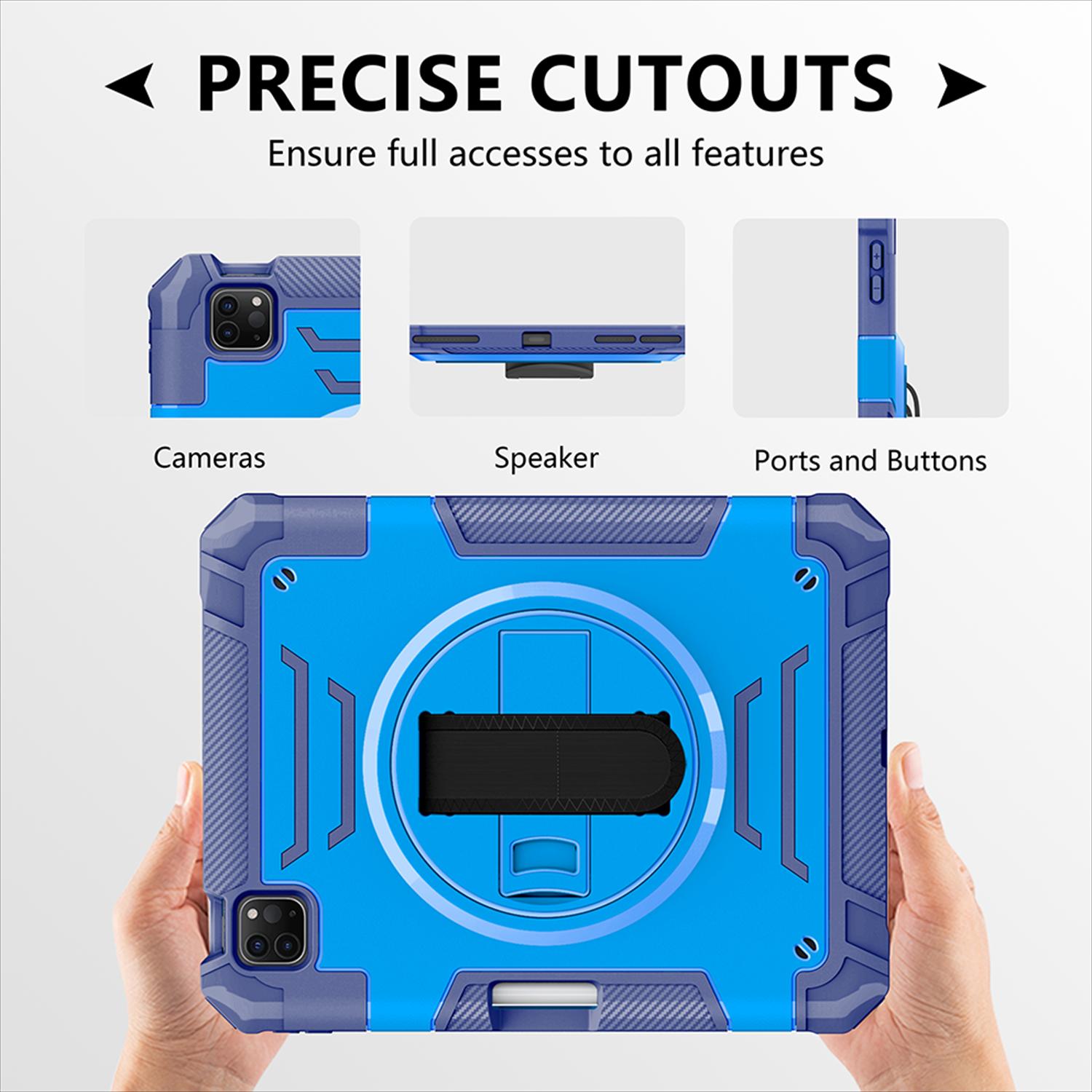 Shockproof Case for Apple iPad Pro 11 Inch 2024 M4, with Pencil Holder Military Grade Protection Rotating Stand Hand Strap Shoulder Strap Bumper Rugged Case for iPad Pro 11" 2024, Blue