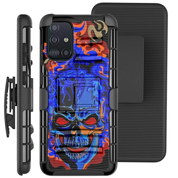 DALUX Hybrid Kickstand Holster Phone Case Compatible with GALAXY A71 4G (2020) - Blue Burning Skull