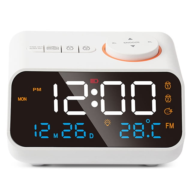 Radio despertador multifuncional con LED, música, temporizador, radio FM recargable, para el hogar, color blanco