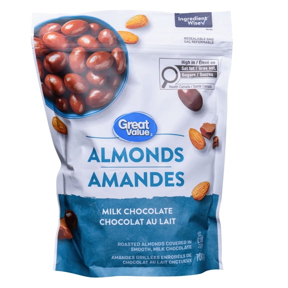 Amandes enrobées de chocolat au lait Great Value, casher, fabriquées au Canada, 700 g