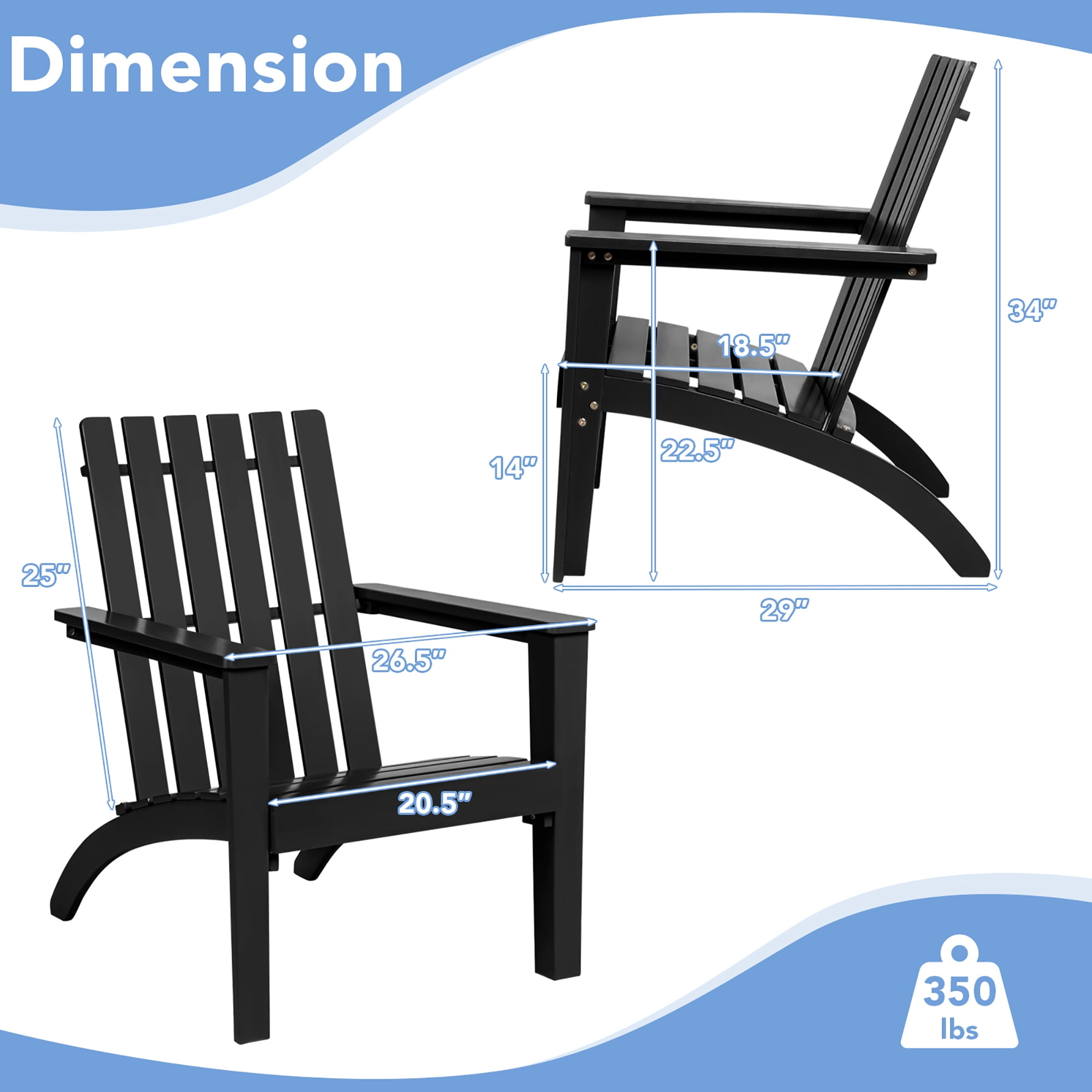Costway Patio Adirondack Chair Acacia Wood Lounge Armrest Garden Deck Black
