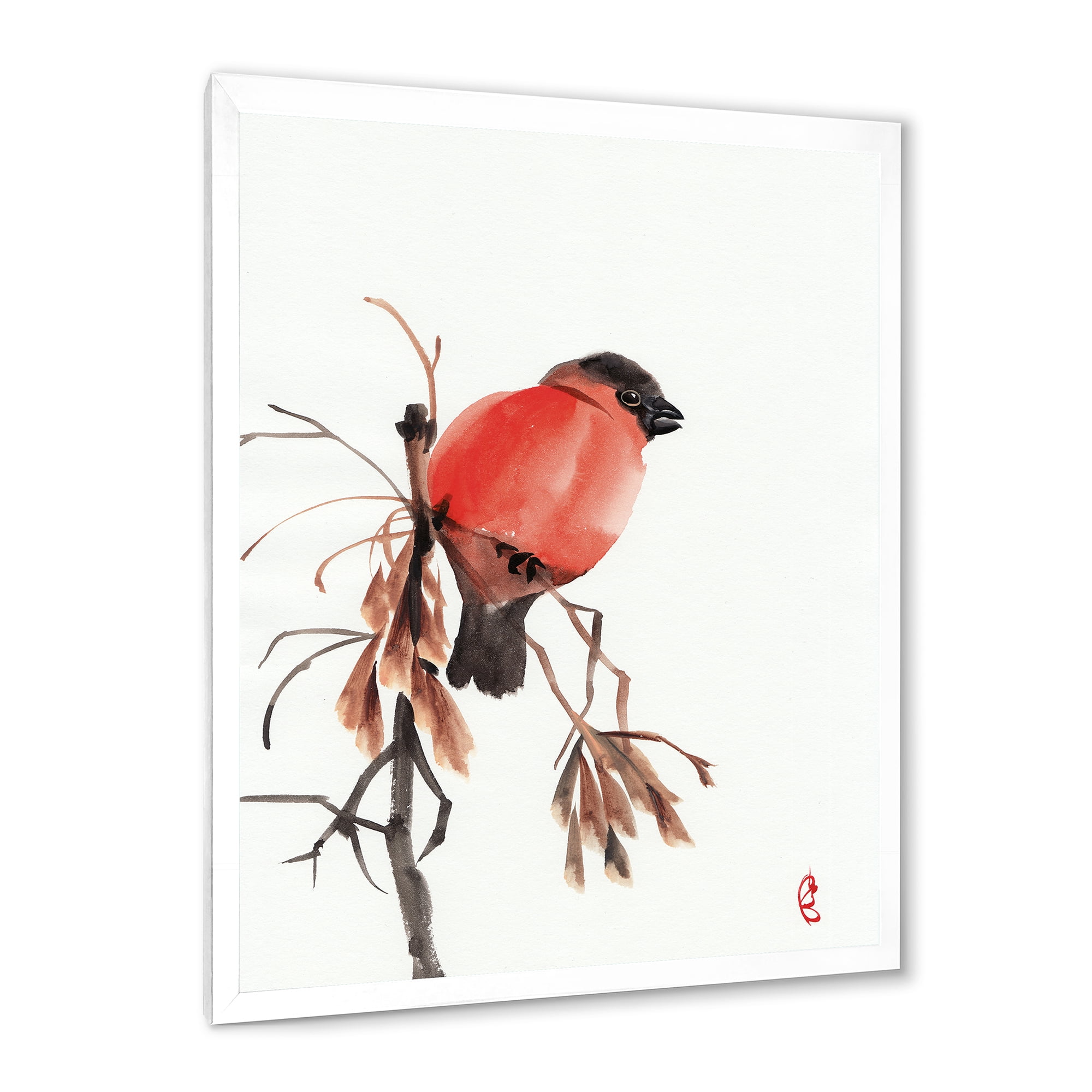 Designart 'Red Bullfinch Bird Sitting On A Branch' Traditional Framed Art Print