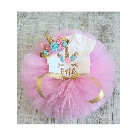 

Gwiyeopda Newborn Baby Girl 1st Birthday Unicorn Romper Rainbow Tulle Skirt 3PCS Outfit