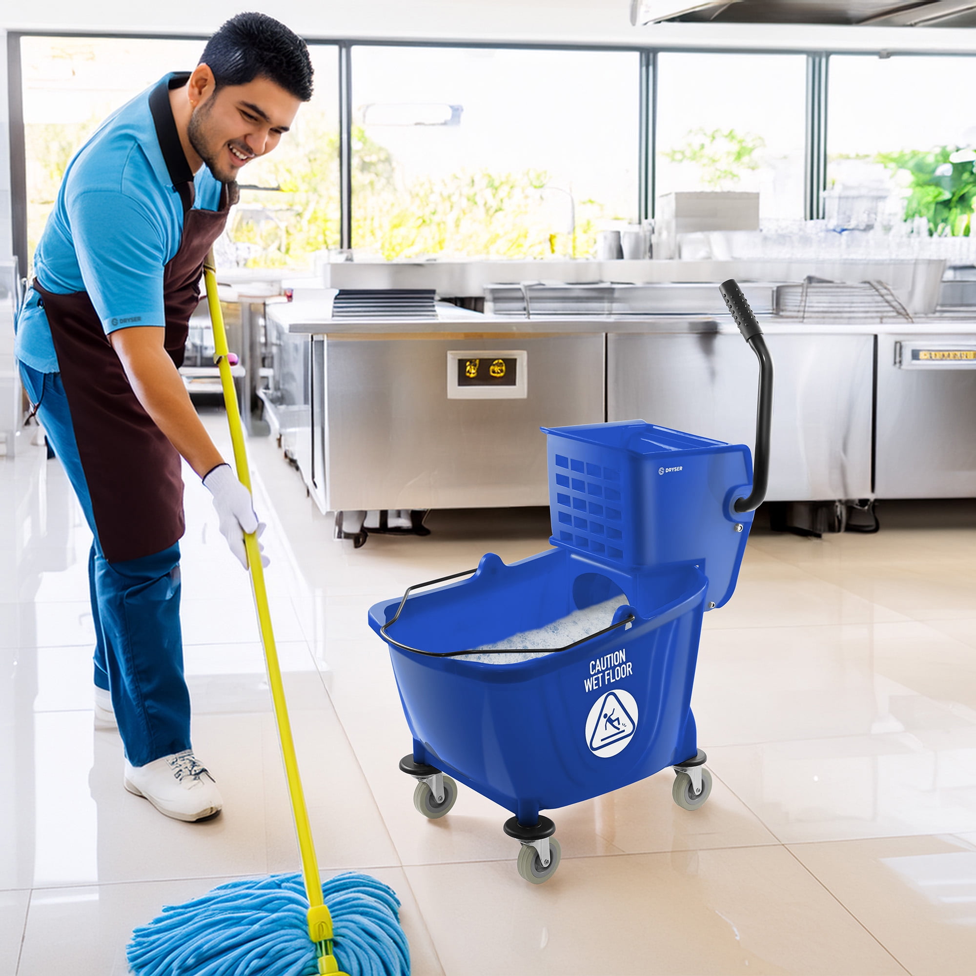 Dryser Commercial Mop Bucket with Side Press Wringer, 33 Quart, Blue